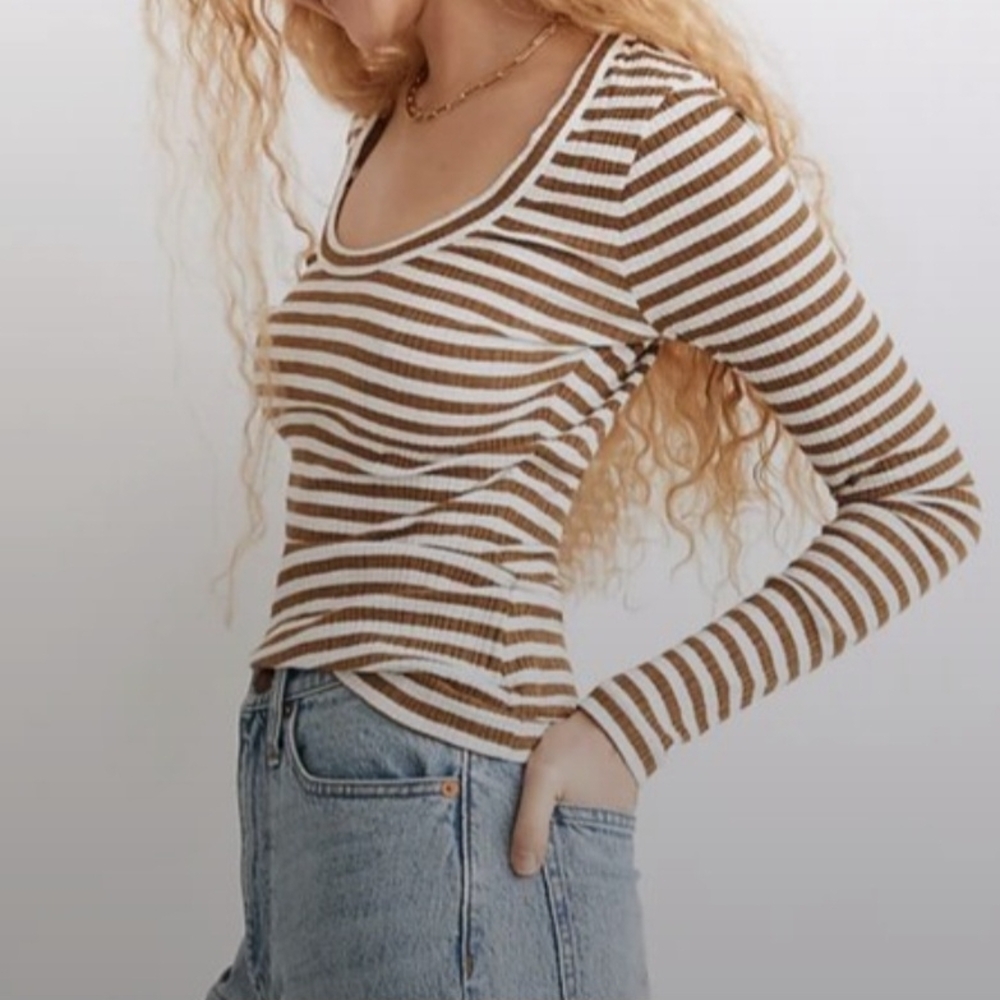 Madewell Brown and White Striped Top